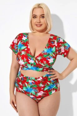 Flower Printed V-neck Bikini Top With Sleeves -Bikini Bliss Shop b debk050003 5