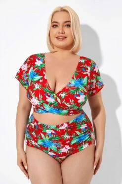 Flower Printed V-neck Bikini Top With Sleeves -Bikini Bliss Shop b debk050003 6