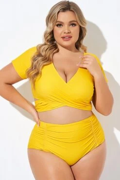 Yellow Ruched Sleeves Skirted Bikini Top -Bikini Bliss Shop b debk050005 3 1