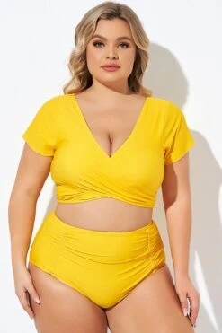 Yellow Ruched Sleeves Skirted Bikini Top -Bikini Bliss Shop b debk050005 5 1