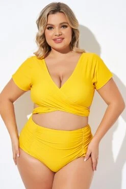 Yellow Ruched Sleeves Skirted Bikini Top -Bikini Bliss Shop b debk050005 6 1