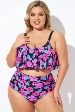 Flower Print Ruffle Scoop Neck Bikini Top -Bikini Bliss Shop b debk063007 3