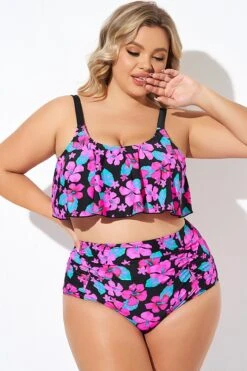 Flower Print Ruffle Scoop Neck Bikini Top -Bikini Bliss Shop b debk063007 4