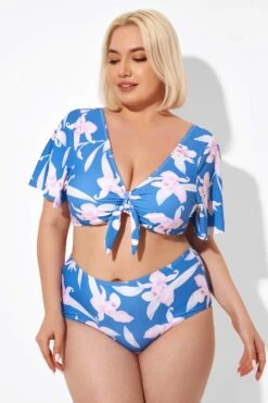 Blue Flower Print Bow V-neck Bikini Top -Bikini Bliss Shop b debk064003 5