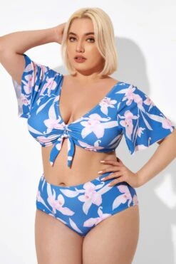 Blue Flower Print Bow V-neck Bikini Top -Bikini Bliss Shop b debk064003 6