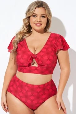 Red Geometric Interwoven Print Bikini Top -Bikini Bliss Shop b debk072005 3