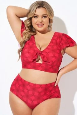 Red Geometric Interwoven Print Bikini Top -Bikini Bliss Shop b debk072005 4