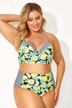 Lemon Print & Striped Bust Support Bikini Top