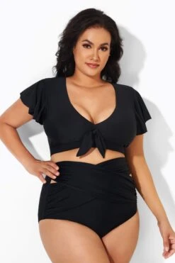 Black Flutter-Sleeve Elegant Swim Bikini Top -Bikini Bliss Shop b debk092001 3