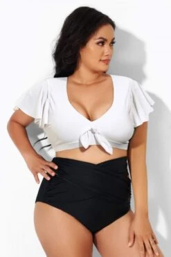 White Flutter-Sleeve Tie Detail Bikini Top