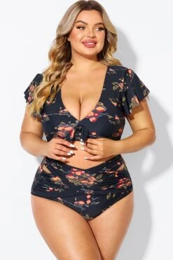 Floral Print Flutter Sleeve Elegant Swim Bikini Top