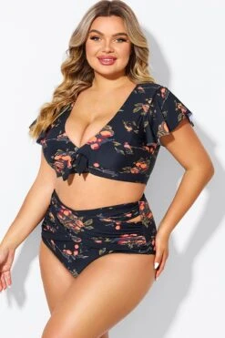 Floral Print Flutter Sleeve Elegant Swim Bikini Top -Bikini Bliss Shop b debk092004 5