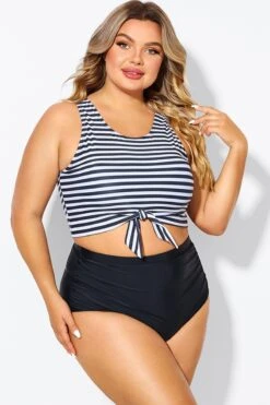 Black & White Striped Knotted Crop Bikini Top -Bikini Bliss Shop b debk095002 5