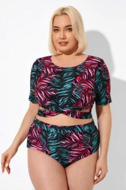Leaf Print Round Neck Bikini Top With Sleeves -Bikini Bliss Shop b debk101002 5