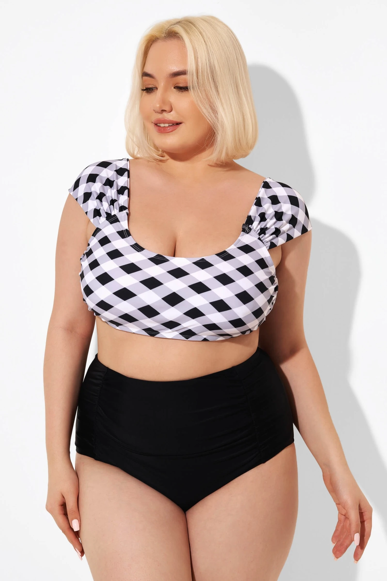Black & White Gingham Bikini Top With Sleeves