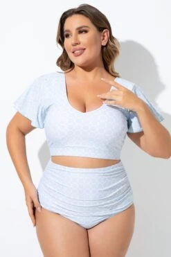 Blue Geometric Pattern Bikini Top With Flutter Sleeve -Bikini Bliss Shop b debk108001 3