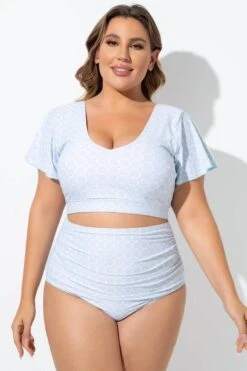 Blue Geometric Pattern Bikini Top With Flutter Sleeve -Bikini Bliss Shop b debk108001 5