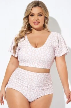 Floral Print V-neck Flutter Sleeve Bikini Top -Bikini Bliss Shop b debk108002 3