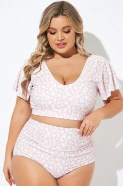 Floral Print V-neck Flutter Sleeve Bikini Top -Bikini Bliss Shop b debk108002 4