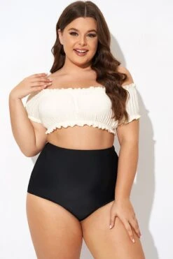 Retro White Ruffles Bardot Sleeves Bikini Top -Bikini Bliss Shop b debk147001 1