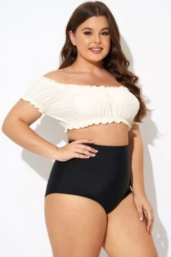 Retro White Ruffles Bardot Sleeves Bikini Top -Bikini Bliss Shop b debk147001 6