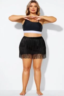 Plus Size Black High Waisted Tassel Trim Skirt -Bikini Bliss Shop b debt066001 11