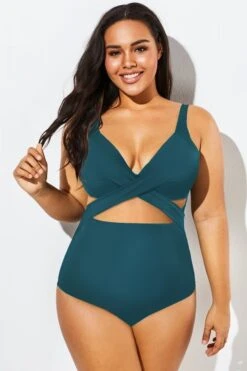 Green Modest Cut-out One Piece Swimsuit For Lady