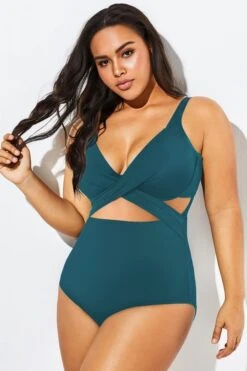 Green Modest Cut-out One Piece Swimsuit For Lady -Bikini Bliss Shop b deop006001 44