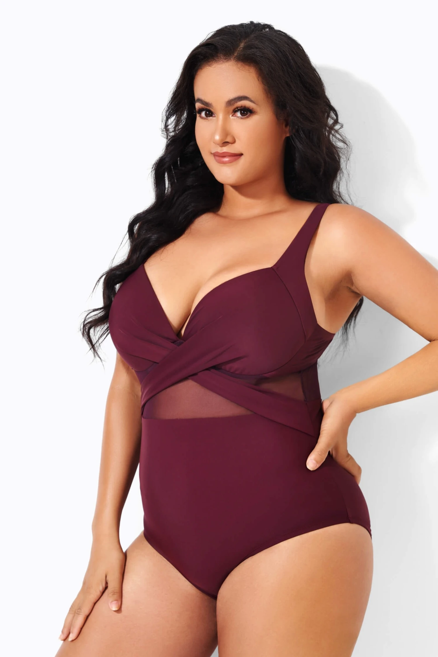 Wine Cut Out Mesh Fashion One Piece Swimsuit 3 Wine Cut Out Mesh Fashion One Piece Swimsuit - Image 3