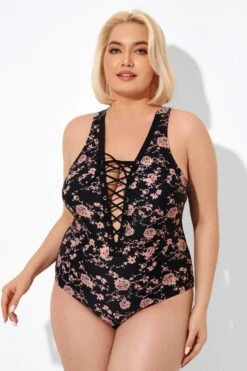 Black Floral Printed Lace Up One Piece Swimsuit 9 Black Floral Printed Lace Up One Piece Swimsuit -Bikini Bliss Shop b deop008004 4