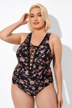 Black Floral Printed Lace Up One Piece Swimsuit 10 Black Floral Printed Lace Up One Piece Swimsuit -Bikini Bliss Shop b deop008004 5