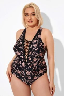 Black Floral Printed Lace Up One Piece Swimsuit 11 Black Floral Printed Lace Up One Piece Swimsuit -Bikini Bliss Shop b deop008004 6
