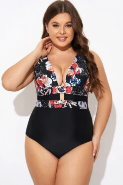 Floral Print Cut Out One Piece Swimsuit
