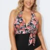 Vintage Flower Faux Wrap Halter One Piece Swimsuit
