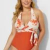 V-neck Tie Dye Wrap Halter One Piece Swimsuit