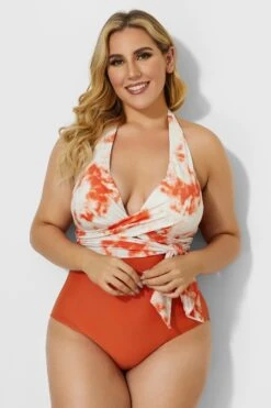 V-neck Tie Dye Wrap Halter One Piece Swimsuit -Bikini Bliss Shop b deop035002 2