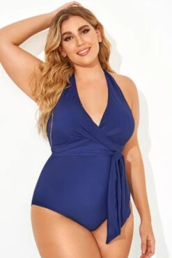Blue Faux V-neck Women One Piece Swimsuit -Bikini Bliss Shop b deop035003 2