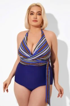 Purple Faux Wrap Halter One Piece Swimsuit -Bikini Bliss Shop b deop035005 1