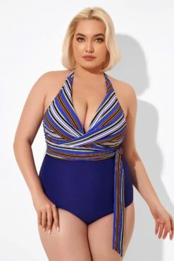 Purple Faux Wrap Halter One Piece Swimsuit -Bikini Bliss Shop b deop035005 4