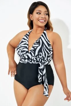 Black & White Faux Wrap Halter One Piece Swimsuit -Bikini Bliss Shop b deop035006 3