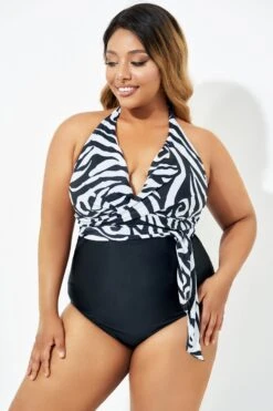 Black & White Faux Wrap Halter One Piece Swimsuit -Bikini Bliss Shop b deop035006 4