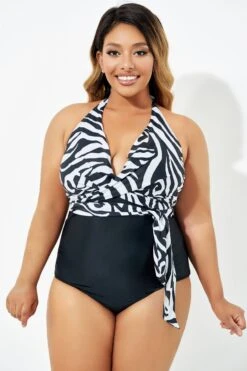 Black & White Faux Wrap Halter One Piece Swimsuit -Bikini Bliss Shop b deop035006 6