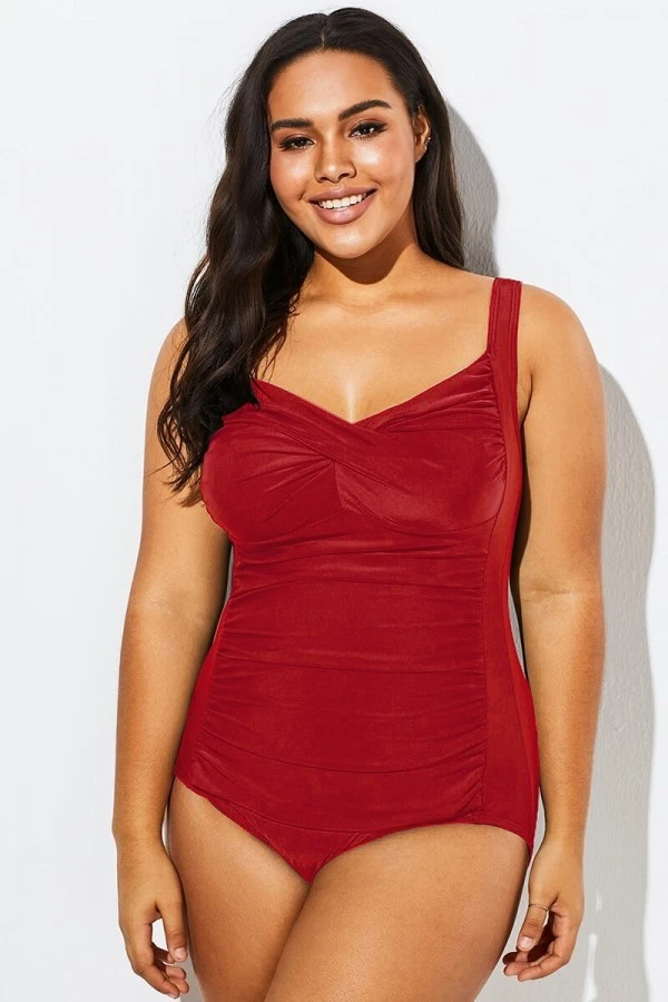 Wine Red Tummy Control Halter One Piece Swimsuit 1 Wine Red Tummy Control Halter One Piece Swimsuit