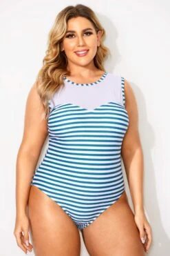 Blue & White Stripes Mesh One Piece Swimsuit -Bikini Bliss Shop b deop089004 4