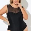 Black Mesh Wide Shoulder One Piece Swimsuit