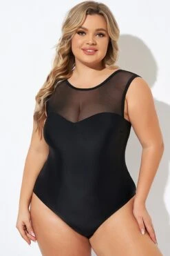 Black Mesh Wide Shoulder One Piece Swimsuit -Bikini Bliss Shop b deop089008 3