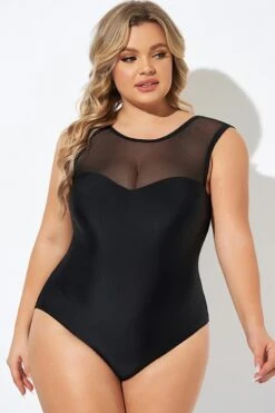 Black Mesh Wide Shoulder One Piece Swimsuit -Bikini Bliss Shop b deop089008 4