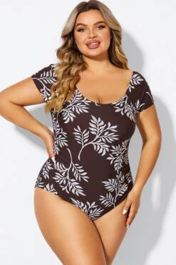 V-Neck Leaf Print Ruffles Sleeves One Piece Swimsuit -Bikini Bliss Shop b deop090011 4