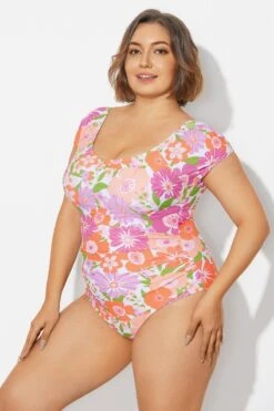 Floral Print Short Sleeve Elastic One Piece Swimsuit -Bikini Bliss Shop b deop090012 6