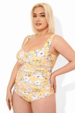 Yellow Floral Printed Retro One Piece Swimsuits -Bikini Bliss Shop b deop097002 3